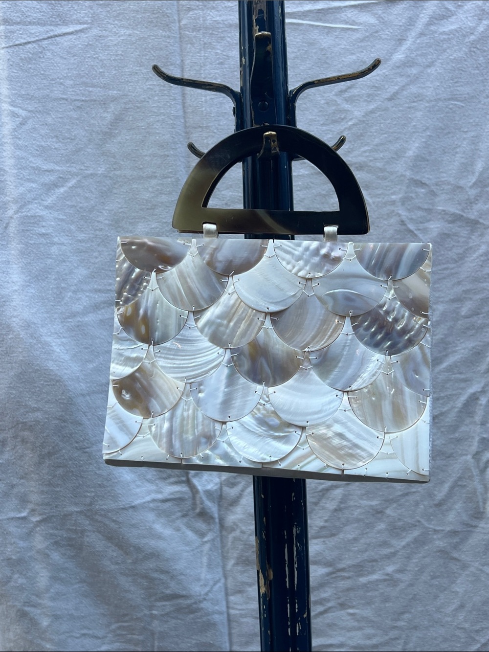 Iridescent Shell-Scale Clutch Wristlet in White/Cream